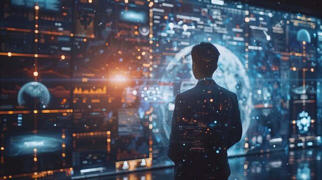 A businessman collaborates with AI algorithms, fostering innovation in a high-tech environment to stay ahead, virtual screen blend