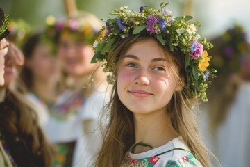A Swedish Midsummer festival, with people dancing around the maypole, wearing traditional dresses and floral wreaths.