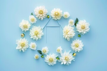 Obraz premium top-down view on white dahlias laid out in shape of a house outline on a light-blue background 