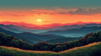Sunset Over Rolling Hills: An illustration of a serene countryside with rolling hills, bathed in the warm hues of a setting sun.