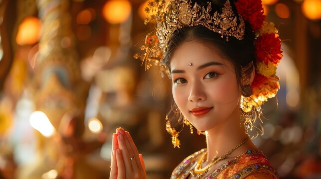 A beautiful woman in traditional attire with an intricate headpiece, standing in a warmly lit cultural setting.