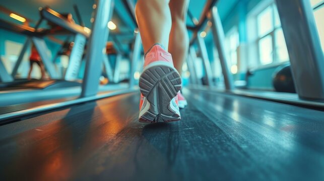 Close-up of a person running on a treadmill in a gym, highlighting fitness and active lifestyle. Bright, modern gym setting.