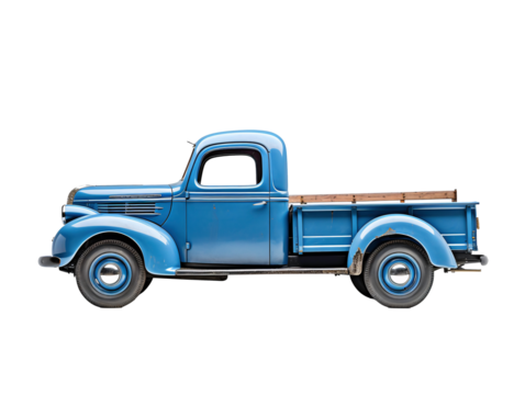 a blue truck with a wood bed