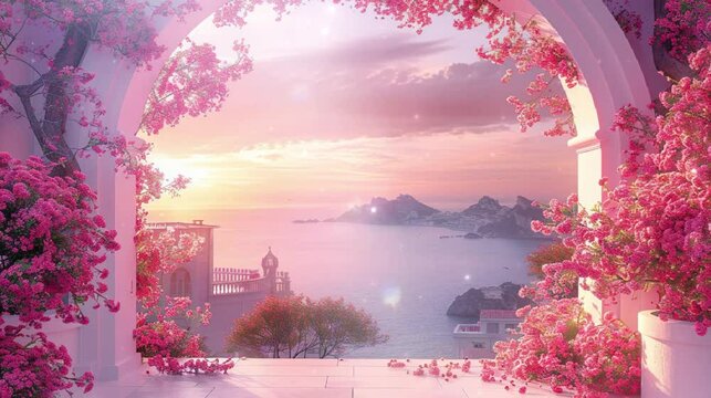 A white arched door with pink flowers on the left and right sides of the arch, with a sea view background and a sunset sky creates a dreamy beauty. 