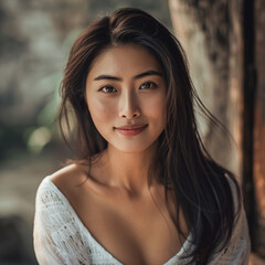 Naklejka premium Attractive smiling Asian woman looking at camera during mid-day 