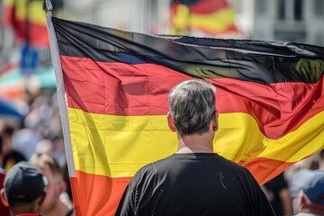 A person is seen from behind holding a large German flag at a crowded event, suggesting a patriotic or sporting occasion