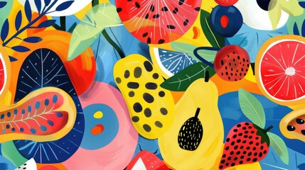 A creative art piece showcasing colorful fruit including watermelon Citrullus on a vibrant blue background. The artwork features a pattern of circles and vibrant colors AIG50