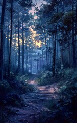 A path winds through a dense forest, bathed in a soft, blue light