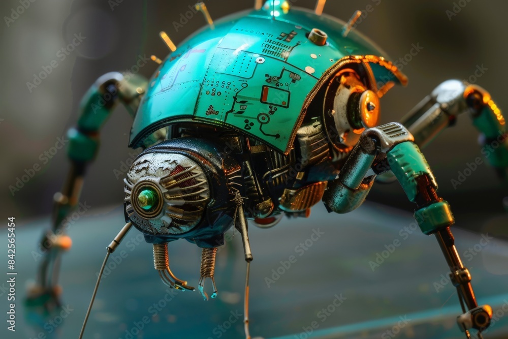 Aufkleber Close-up image of an intricately designed robotic bug in teal, showcasing technology and futuristic concepts