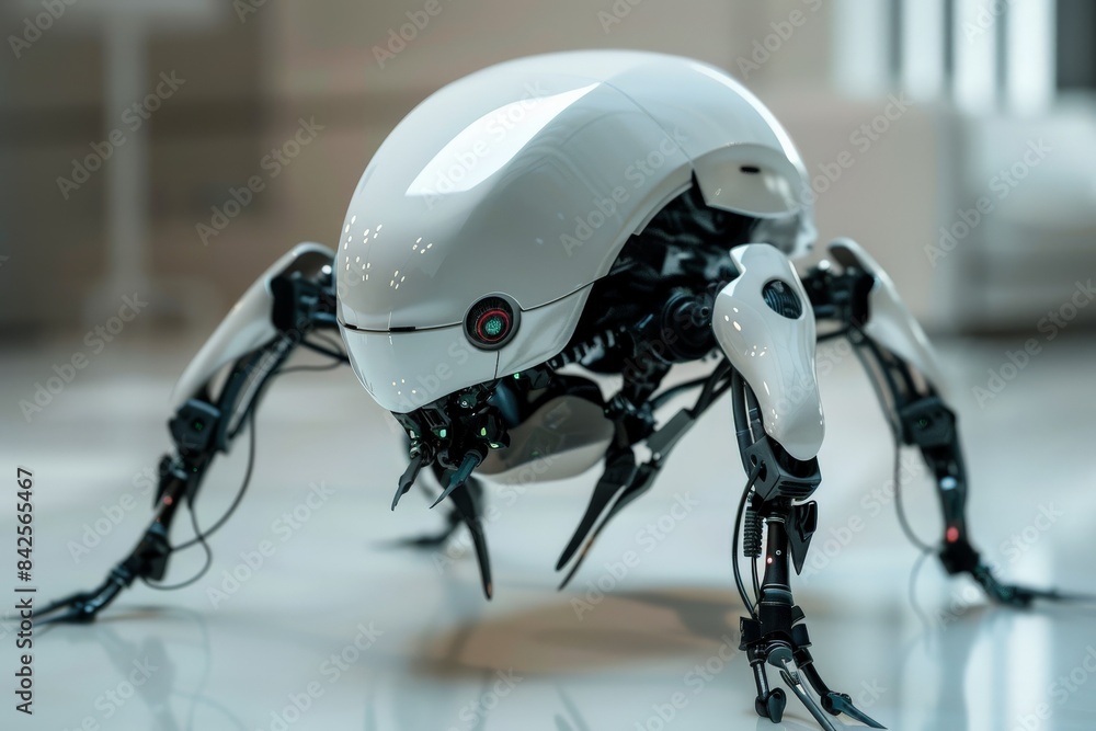 Aufkleber this image features a sleek, futuristic spider-like robot positioned on a reflective surface, sugges