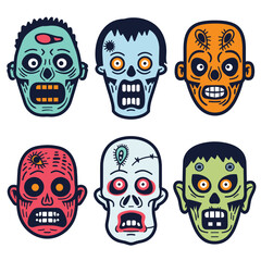 Set six colorful zombie faces featuring various expressions, cartoon style, face exhibits unique horror features, designed Halloween themes. Vibrant scary faces perfect spooky graphic design
