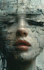 Abstract portrait of a woman's face, partially obscured by a textured overlay, conveying a sense of mystery and introspection.