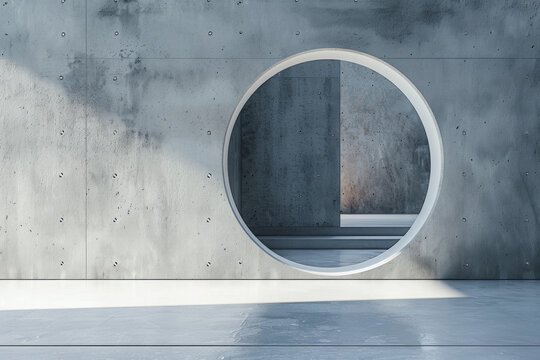 A circular door designed to look like a portal, set in a minimalist wall. The design suggests innovation and the possibility of alternate realities 