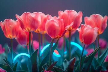 Breathtaking Pink Tulips in Full Bloom, Illuminated by Blue Neon Lights