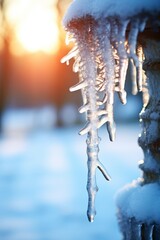 A frozen tree branch with icicles hanging from it. The icicles are dripping with water and the sun is shining on them
