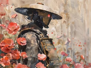 A robotic figure in traditional Japanese garb stands amidst a field of red poppies, with a city in the background.