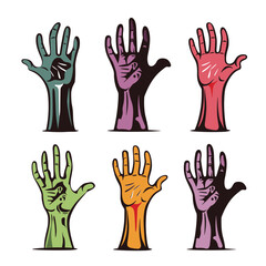 Six colorful hands various gestures, cartoon style, diversity concept. Zombie hands raised, monster gestures, Halloween theme, multicolored. Creative illustration, set spooky playful graphic