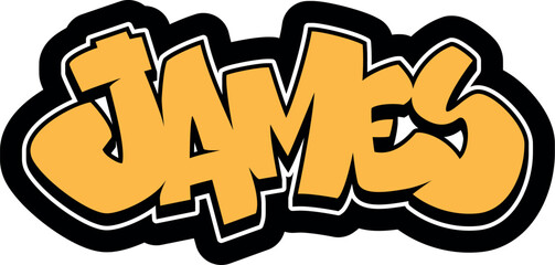 JAMES Graffiti Name, street art urban wall tag style font, sticker, label, print, stencil, cut file, cool dope hand drawn writing, dj sign logo, doodle, clear transparent background, vector, EPS