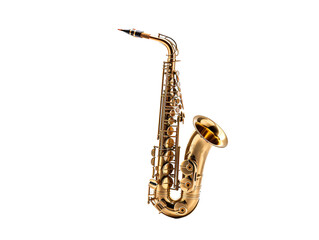 a gold saxophone with a white background