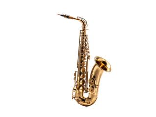 a gold saxophone with a white background
