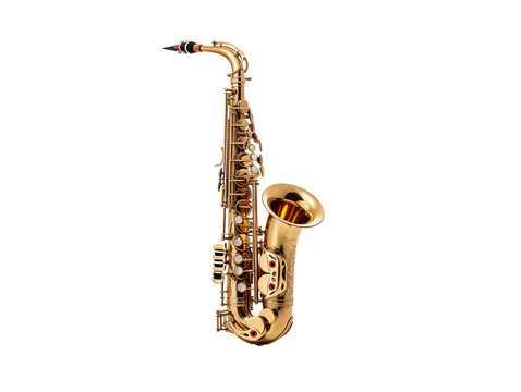 a gold saxophone on a white background