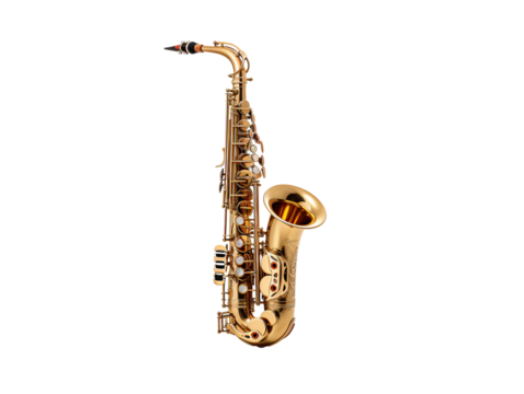 a gold saxophone on a white background