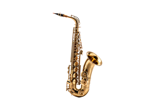 a gold saxophone with a white background