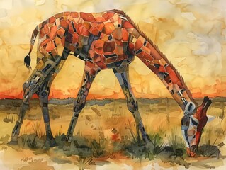 Abstract watercolor painting of a giraffe grazing in a field at sunset.