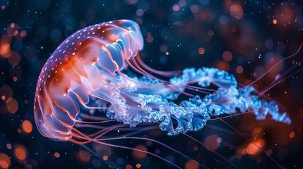 Naklejka premium A bioluminescent jellyfish with vibrant blue tentacles swims through a dark, sparkling ocean.