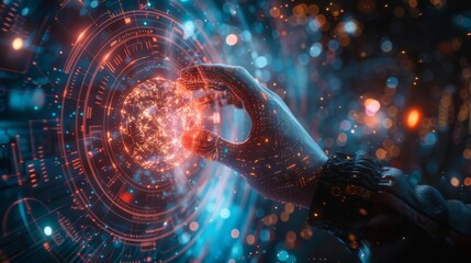 A hand reaches towards a glowing orb surrounded by swirling energy, symbolizing innovation, technology, and connection.