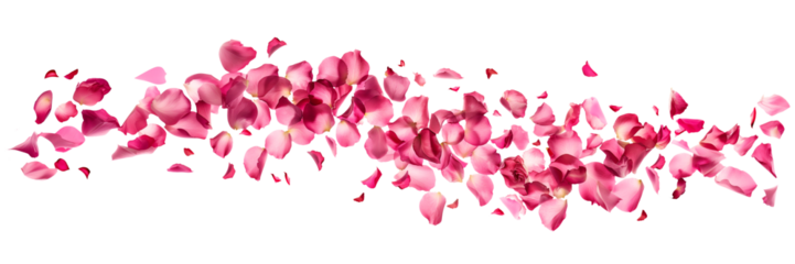 Photo of vibrant pink rose flowers petals flying on transparent panoramic background, png file. Wedding celebration, Valentines day card, romantic header, cosmetic web banner