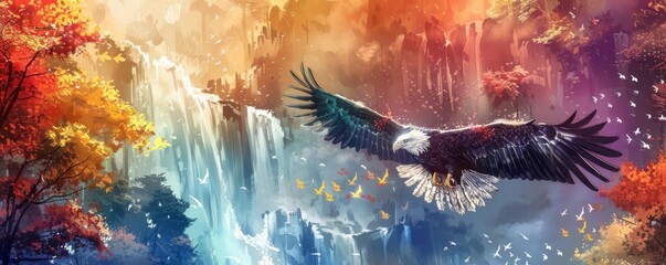 An eagle soars over a colorful waterfall and lush forest.