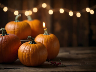 Thanksgiving - Pumpkins On a Rustic Table With Candles And String Lights Design.