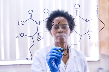 Black woman, science and writing on glass in lab, chemistry and equation or medical research with...