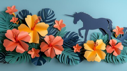 Creative flat lay of tropical paper cut flowers arranged on a split background with vibrant blue, yellow, and pink sections.