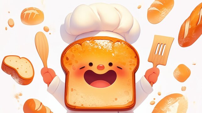 A charming cartoon mascot character Chef Bread Slice proudly showcasing a delightful loaf of bread in a lively raster illustration set against a crisp white backdrop