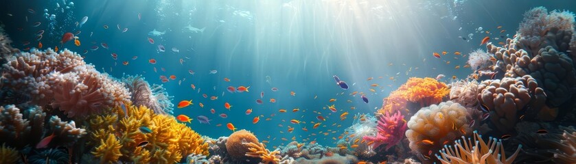 Obraz premium Sunbeams illuminate vibrant coral reef and fish.