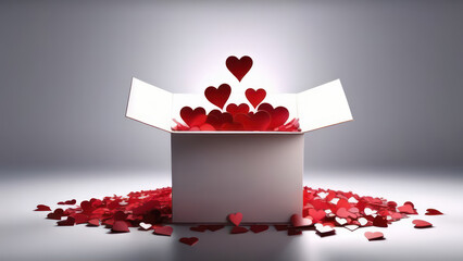 Hearts flying out of a paper box, light background 