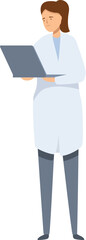 Female doctor wearing lab coat holding laptop using computer standing full length