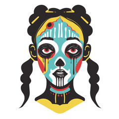 Surreal face illustration vivid colors dripping features. Female portrait, stylized makeup art, pop culture graphics. Colorful artistic representation woman face, twotone hair, surrealism art