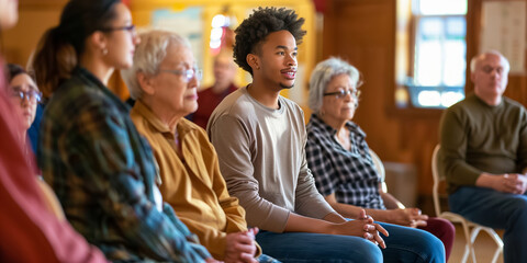 A diverse group comes together for a peaceful therapy session, engaging in a supportive discussion for mental wellbeing, sharing and listening to each others thoughts