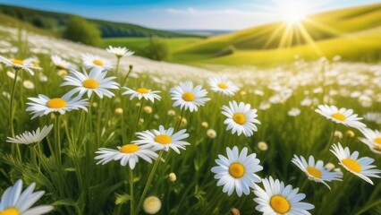 Beautiful spring and summer natural landscape with blooming field of daisies in the grass in the hilly countryside.