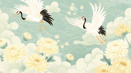 Elegant Japanese Inspired Background Featuring Cranes and Chrysanthemums, Ideal for Print and Poster Designs