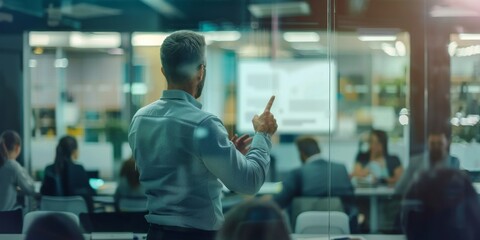 Business coach presenting to an engaged audience, pointing at notes in hand, in a modern glass-walled room. Motivational business presentation on sales graphics and designs, with attendees actively le
