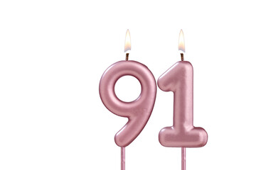 Lit birthday candle - Candle number 91 on white background