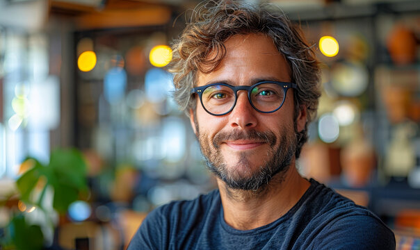 Portrait of Male Programmer in Office Setting, Smiling with Glasses, Casual Attire, Daytime, Relaxed and Inspiring Workplace Environment