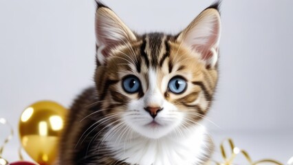 Obraz premium Christmas cat. Cat with gold foil balloons. Tabby kitten on a Christmas festive white background. 