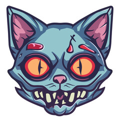Frightening cartoon zombie cat head wide orange eyes, dripping blood, sharp fangs, isolated white background. Eerie undead feline creature, vivid colors, Halloween themed graphic design. Scary