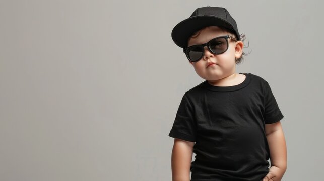 A young boy wearing a black t-shirt and sunglasses poses for a studio photoshoot