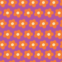 Nostalgic 60s and 70s retro background. Groovy flower power seamless pattern. Vintage hippie vector floral all over surface print. Ditsy grid wallpaper
